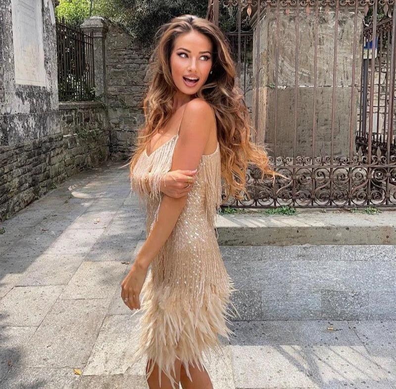 Women's Fringe Feathers Party Gala Cocktail Dress for Night Outs