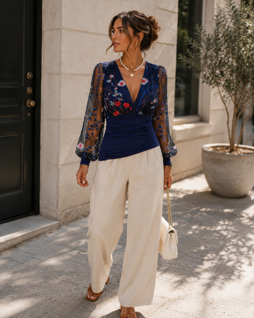 Dames Flatterende Taille Slim Fit Gedrapeerde Avondblouse met Pofmouwen